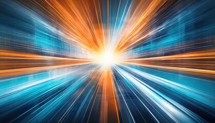Wall Mural - a futuristic abstract background with a bright light at the center predominantly blue and orange hues sense of depth perspective and motion with blurred light streaks sci fi or futuristic mood