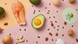 Top view on pastel pink and light orange background with fried eggs, avocado, nuts, seeds and smoked salmon. Keto diet concept.