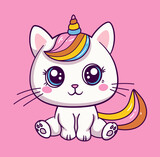 Fototapeta Dinusie - Sitting cute cat unicorn, doodle illustration for kids