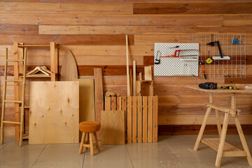 Sticker - Interior of carpenter's workshop with wooden products