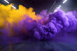A dramatic gradient of deep purple and bright yellow smoke, creating an eye-catching effect in a 3D garage with spotlit background