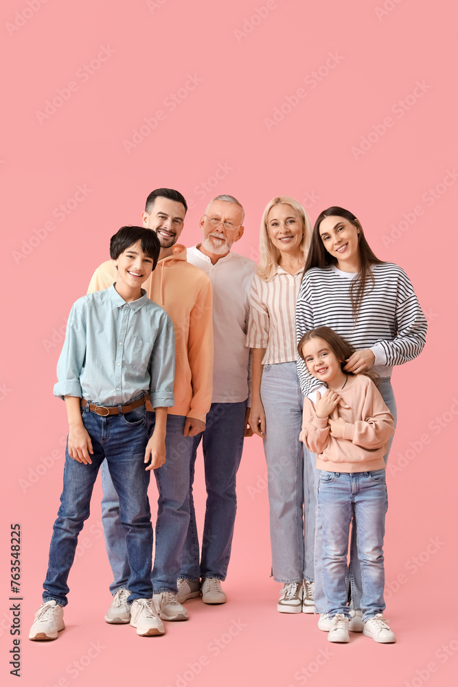 Happy big family on pink background