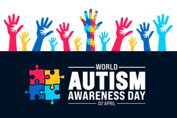 Wall Mural - 2 April world Autism Awareness Day colorful Puzzle banner design template. Autism Awareness Day colorful kids raising hand background design template.