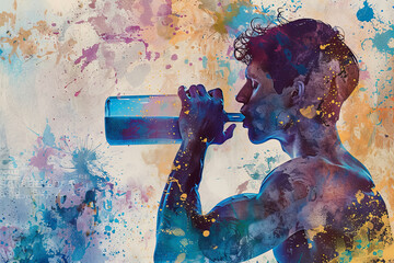 Wall Mural - An abstract view of a king-size model sipping a protein shake while lifting weights