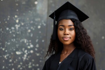 Happy african american female graduate student in graduation gown and cap on grey background