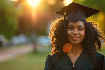 Wall Mural - Happy african american female graduate student in graduation gown and cap standing on a college campus