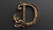 elegant golden font letter D with ornaments on black background	
