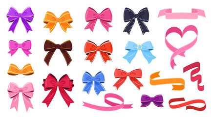 Multicolored bowknot and ribbons collection. isolated gift bows on a white background. These festive vector illustrations can be used for decoration, celebrations, weddings and party designs.