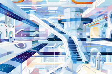 Wall Mural - An abstract view of a medical laboratory, with a network of escalators and walkways connecting different levels
