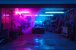 An otherworldly mix of neon violet and electric cyan smoke, transporting viewers to a futuristic realm in a 3D garage with dynamic lighting