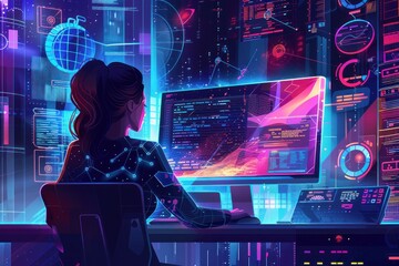 A woman is sitting at a computer desk with a monitor in front of her. The monitor is displaying a colorful and vibrant scene, with a woman typing on the keyboard. Scene is energetic and dynamic