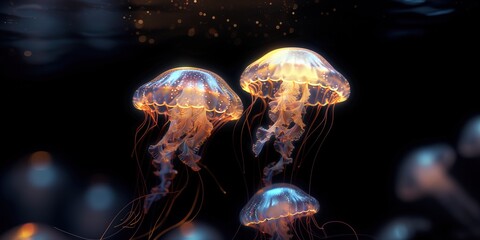 Wall Mural - Closeup of Several Beautiful Moon Vibrant Bioluminescent Jellyfish