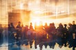 © Olga - Double exposure image of large business people conference group meeting on city office building in background showing partnership success of business deal