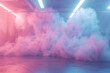 Soft pastel pink and baby blue smoke blending together, creating a dreamy watercolor effect in a 3D-rendered garage with ambient lighting