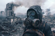 Post apocalyptic survivor in gas mask and destroyed city in the background