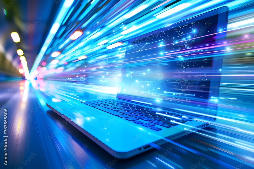 laptop computer with digital data flowing out of screen and speed line ...