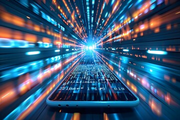 mobile smart phone with digital data flowing out of screen and speed line around it on blue blurred city street background, cyber security system, business, network connection and technology concept