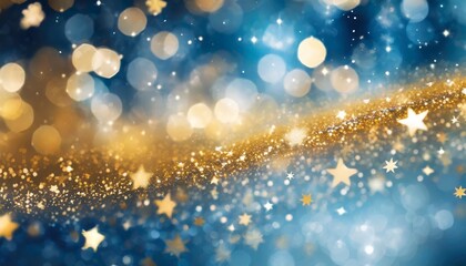 Wall Mural - a close up view of a blue and gold background with stars suitable for celestial festive or glamorous design projects such as invitations holiday themed graphics glitter lights de focused banner