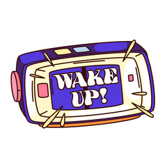 Groovy cartoon clock with Wake Up text. Funny retro alarm clock ringing with morning motivation phrase of balloon font, wakeup time mascot, cartoon sticker of 70s 80s style vector illustration