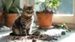 © Jafree - Inquisitive cat amidst a minor home disaster, with potting soil spilled on the floor in a room filled with houseplants. Concept of feline curiosity, indoor activities, and pet ownership.