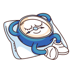 Sticker - Groovy clock cartoon character sleeping on soft pillow. Funny retro blue clock with arrows and closed eyes on cute face, time to sleep mascot, cartoon sticker of 70s 80s style vector illustration