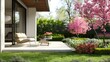 bright spring flowers in the foreground or background, a porch or terrace of a private house with a place to relax. Flowering trees, budding plants or freshly manicured lawns