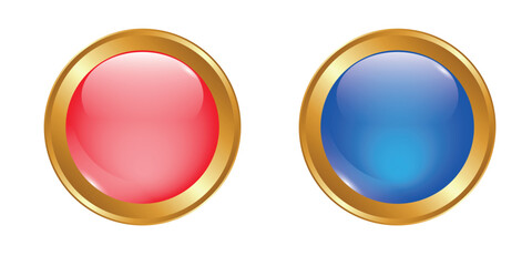 Glass transparent red and blue button in gold frame, vector illustration EPS10