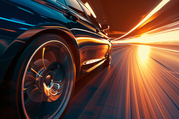 Wall Mural - An abstract view of a luxury car speeding down a highway at sunset