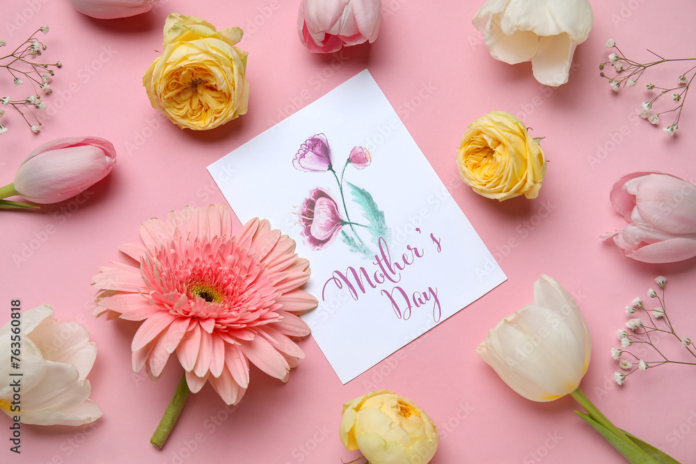 Festive postcard with flowers on pink background. Mother's Day celebration
