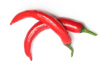 Two red hot chili pepper top view isolated on white background clipping path