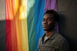 A man stands in front of a rainbow flag