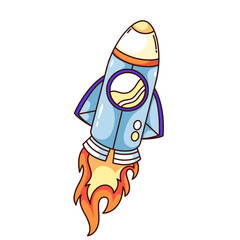 Sticker - Groovy cartoon rocket with fire from nozzles. Funny retro spaceship flying up fast, shuttle launch, space travel mascot. Cartoon cute speed rocket sticker of 70s 80s style vector illustration