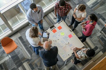 Wall Mural - A team of colleagues gathered around a table, engaged in a brainstorming session, demonstrating collaboration and innovation in the workplace