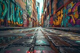 Fototapeta  - A wide-angle shot of an urban alleyway covered in bold graffiti, showcasing the creativity and vibrancy of urban culture