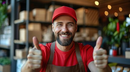 A delivery man in a red cap with a cardboard box gives a thumbs up