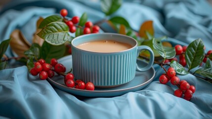 Wall Mural -  a cup of coffee sitting on top of a saucer on top of a blue cloth next to leaves and berries.