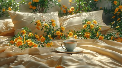 Wall Mural -  a cup of coffee sits on a saucer on a bed with a bunch of yellow flowers in the background.