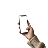 Fototapeta Zwierzęta - woman holding a smart cell phone in hand on a transparent background PNG - easy modification
