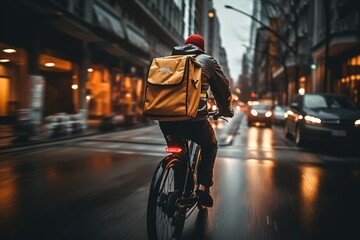 Wall Mural - Courier on bicycle delivering food in city. The concept of fast delivering goods or food