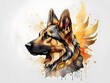 Powerful, colorful german shepard logo facing forward, in watercolor style, with a monochrome background. Generative AI