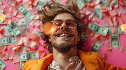 Wall Mural - content creator, influencer  surrounded by money, happiness  and joy