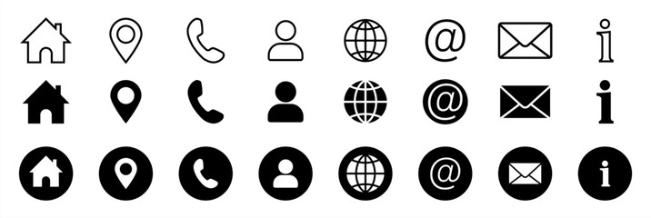 Business icon for company connection set in different style. Name, phone, mobile, place, location, mail, website and message card sign. Contact symbol design template. Vector 10 eps.