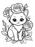 Fototapeta Pokój dzieciecy - Cat with flower coloring page kids style white background ai generated 