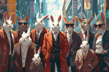 Wall Mural - Abstract, modern group of easter bunny dressed as humans in the city center, trendy and hip, standing and posing for the picture.