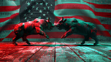 Stock Market Green Red Color Economy. Usa Flag Background. Trends Economic Effect Recession On US Economy. Stock Crash Market Exchange Loss Trading. Bull And Bear Fighting Concept Stock Market