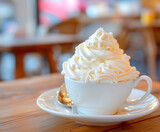 Fototapeta Góry - Coffee topped with fluffy vanilla-flavored whipped cream. Chantilly or Clotted Cream