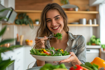 Wall Mural - A young cheerful smiling girl in the kitchen preparing a salad and tasting it, healthy food