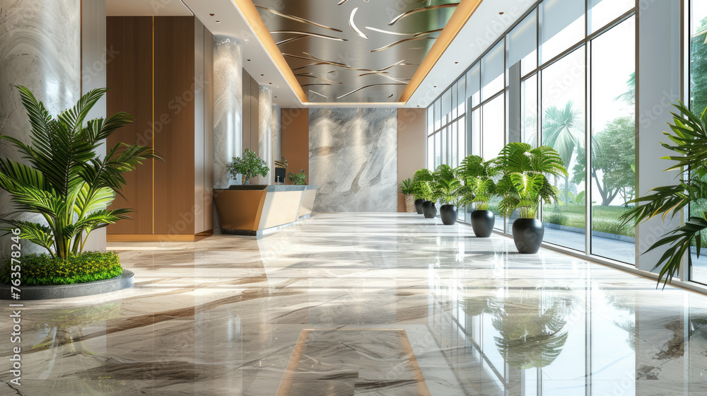 Modern office interior view, luxury hall with clean shiny marble floor ...