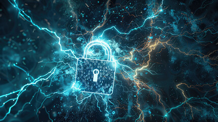 Wall Mural - digital padlock with lightning in dark cyber space, abstract data background, secure computer inform