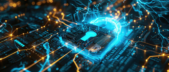 Wall Mural - digital lock with lightning in dark cyber space, abstract data background, secure computer informati